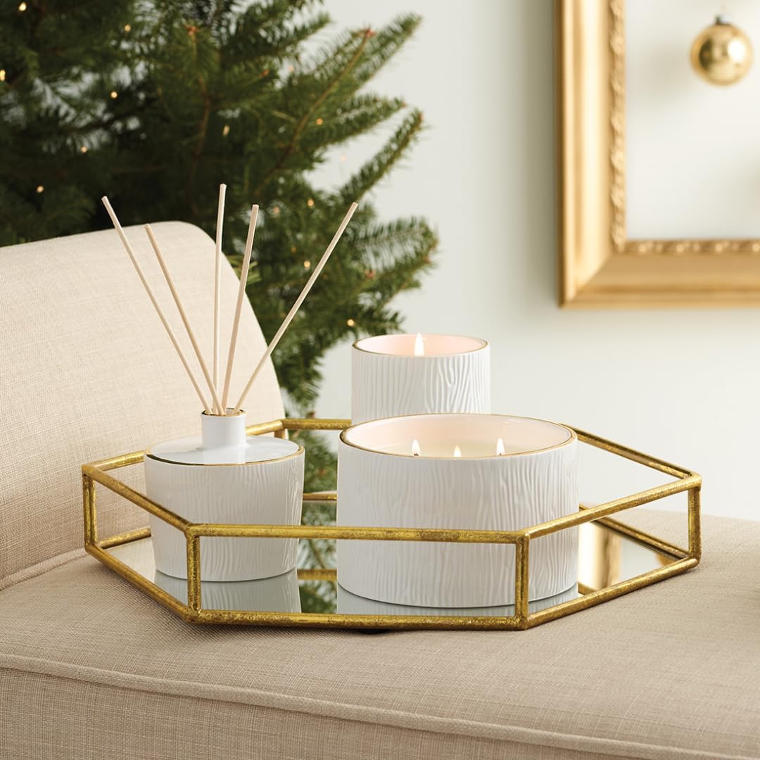 Thymes Frasier Fir Candle - Gilded Ceramic 3-Wick Jar Candle - Scented Candle with a Luxury Home Fragrance - Elegant Holiday Candle - Gilded White Candle with 24-Karate Gold Rim (20 oz)