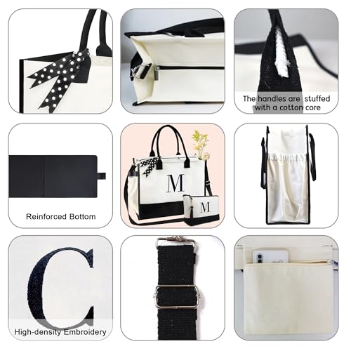BeeGreen Mother's Day Gifts Personalized Women's Large White and Black Canvas Tote Bag, Embroidered Initials, Leather Handle, Zipper Closure