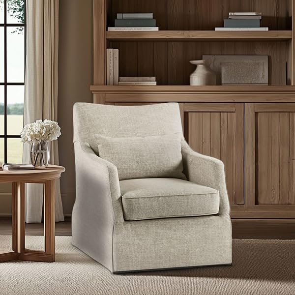 Martha Stewart London Swivel Chair - Solid Wood & Plywood, Skirted Metal Base Accent Armchair, Lumbar Pillow -Modern Classic Family Room Sofa Furniture Bedroom Lounge, 28