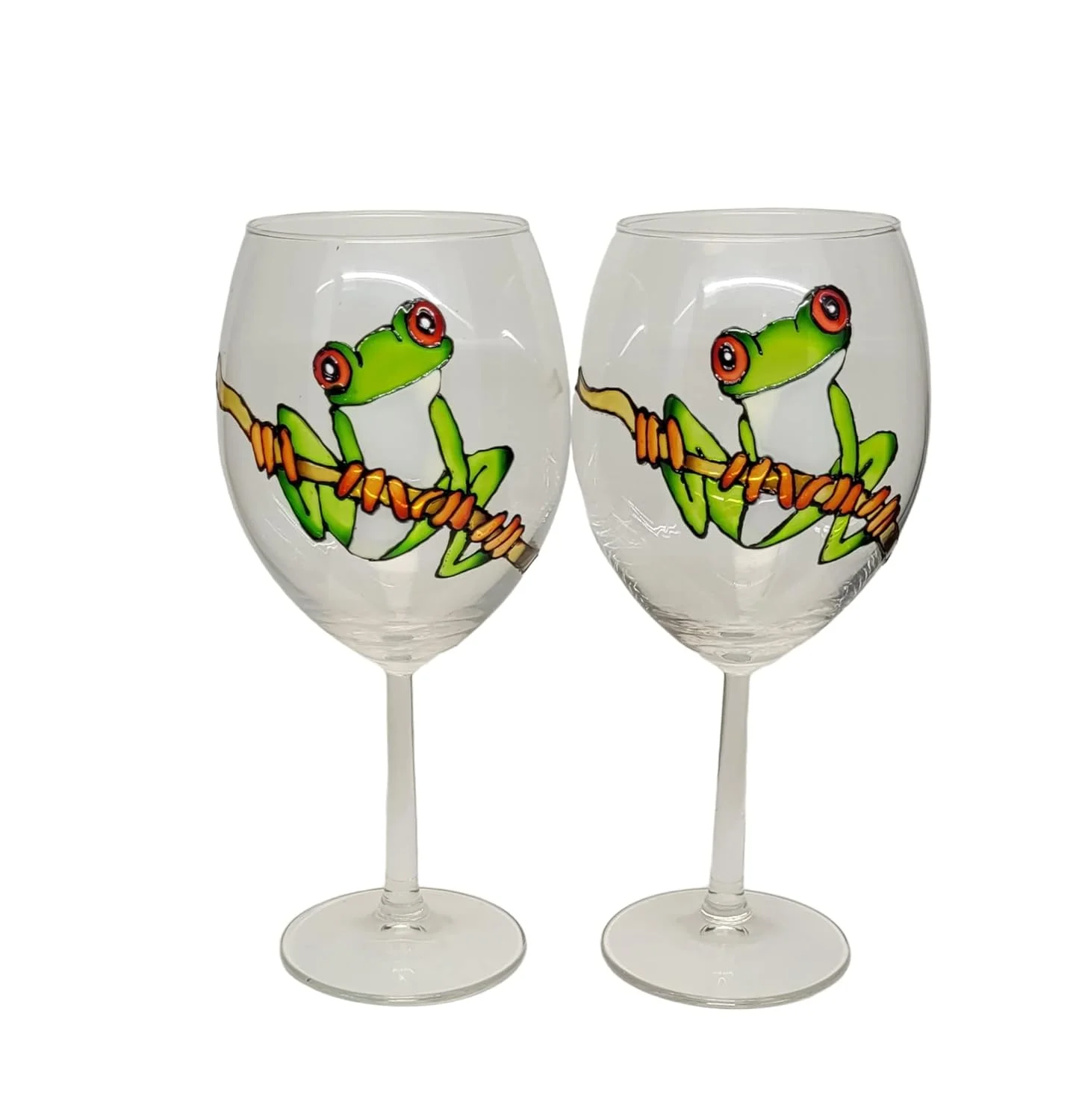 Green Tree Frog Hand Painted Stemmed Wine Glasses Set Of 2