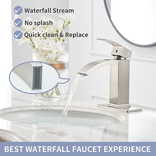 Brushed Nickel Vessel Sink Faucet, Waterfall Bathroom Faucets, Tall Spout Single Handle Single Hole Bathroom Faucets with Pop Up Drain and Without Overflow Basin Faucet Supply Line