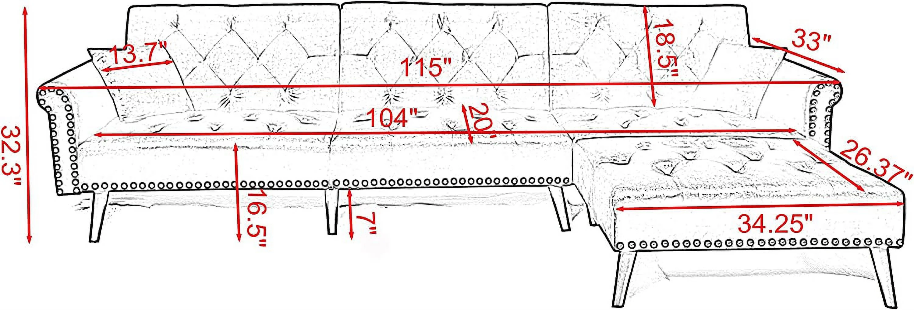 LCH Velvet Convertible Sleeper Sectional Sofa Bed Reversible L Shaped Button Tufted Couch Living Room Furniture Set with Chaise Lounge 2 Pillows  Light Grey
