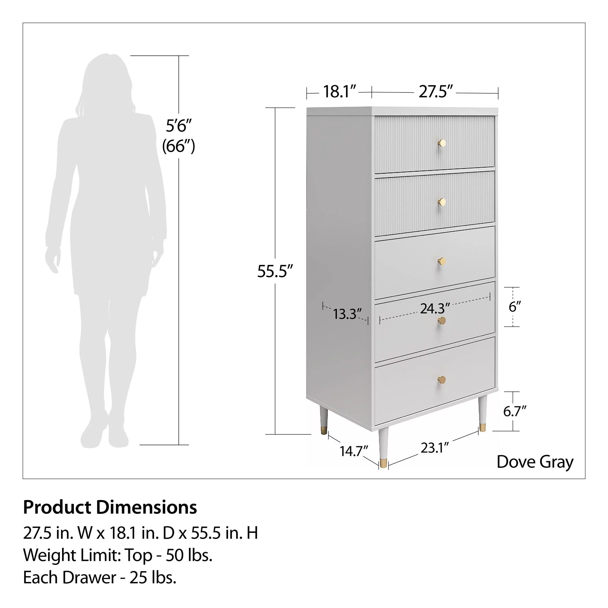 CosmoLiving by Cosmopolitan Elizabeth 5 Drawer Dresser, Dove Gray