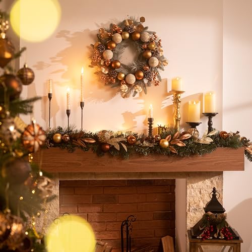 Valery Madelyn 9 Ft Pre-Lit Christmas Garland with Lights for Mantle, Lighted Outdoor Xmas Garland with Silvery White Ball Norfolk Pine for Home Stairs Fireplace Table Centerpiece Indoor Holiday Decor