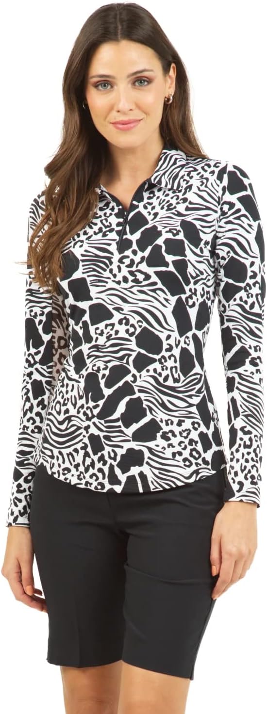 IBKUL Women's UPF 50+ Cooling Bianca Print Long Sleeve Polo – 41079 Blue/White Bianca XL