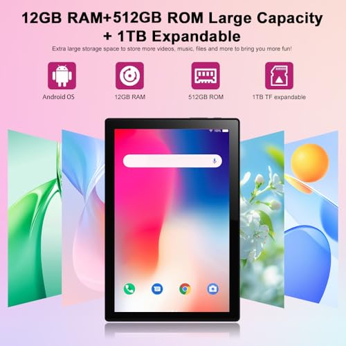 10.1 Inch Android 13 Tablet with SIM Card Slot 4G LTE Calling,12GB+512GB, 8000mAh Battery, Dual Camera, Bluetooth/WiFi, Bundle with Case, Keyboard, Mouse & Stylus (Pink)