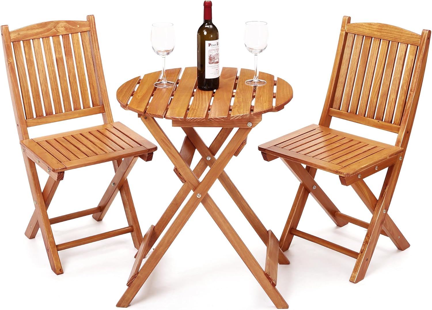 3Pcs Patio Bistro Set, Wood Folding Table Set, Outdoor Furniture Round Table for Garden Yard, Casual Bistro Table and Chairs Set of 2 for Condominium Pool Front Porch Beach, Wood