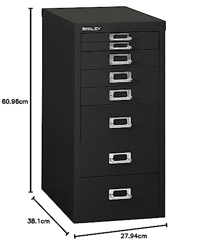 Bisley 10-Drawer Steel MultiDrawer Cabinet - Black, Chrome Pull Handles with Label Holders, Powder-Coated Steel, Removable Drawers, Fits Under Most Desks, Labels Included