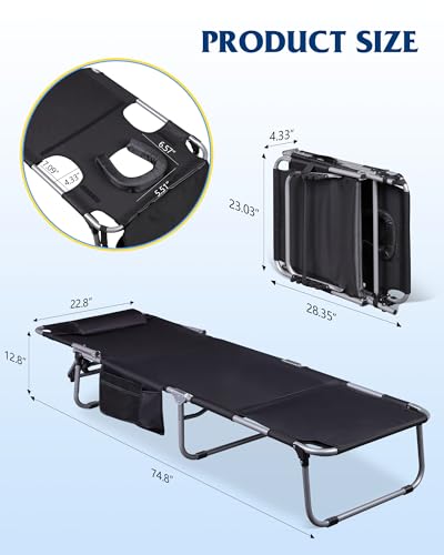 WLIVE Military Camping Cot, Portable Folding Cots for Sleeping with Carry Bag, Outdoor Camping Bed for Adults with Side Pocket, Support 300 Lbs, Silver Greige