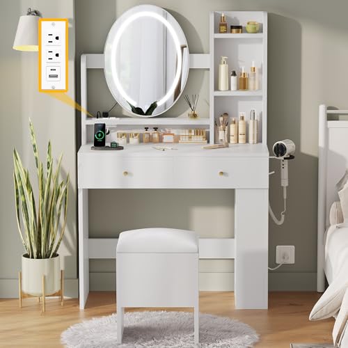 DWVO Vanity Desk with Mirror and Lights, Makeup Vanity Table Set with Power Outlets and Chair, 3 Lighting Colors, Makeup Desk with 3 Drawer and Lots Storage Shelves, Bedroom, White Dressing Table