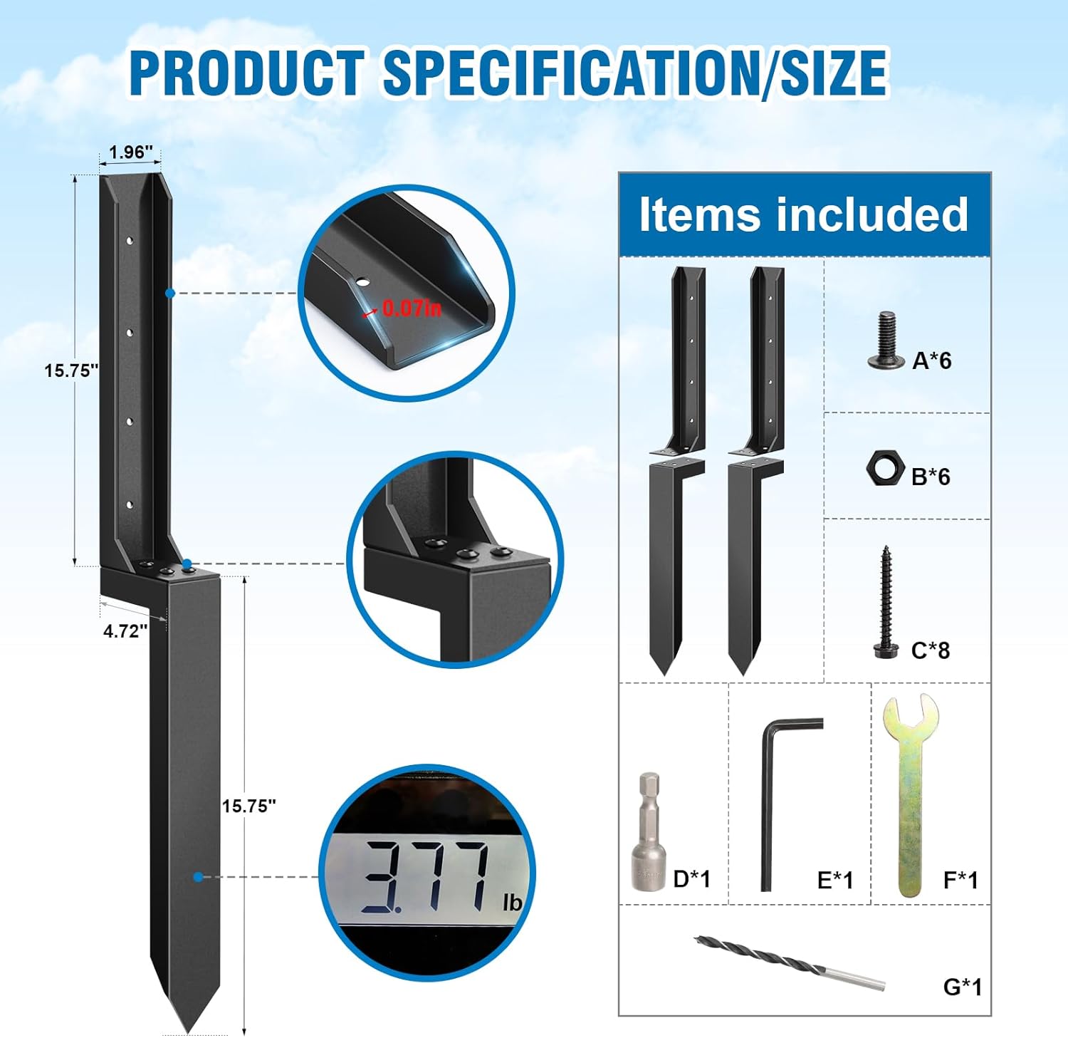 2 Pcs Fence Post Repair Kit,Heavy Duty Fence Post Anchor Kit, Fence Post Repair Stakes for Repair Tilted, Broken Wood Fence Post