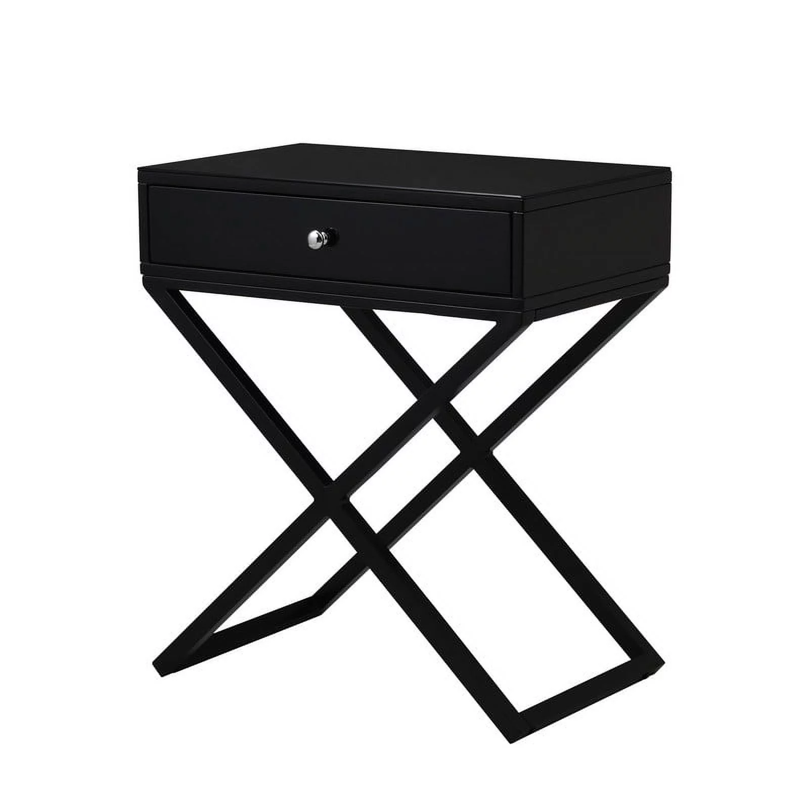 Modern Wooden Nightstand with Drawer,Side End Table with Glass Top and Metal X-Base Legs,Black
