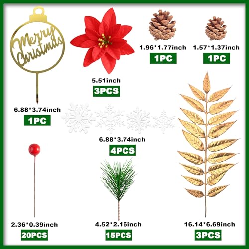 Merry Christmas Cake Topper Pine Needles Red Berries and Flowers Cake Decorations for Christmas Theme New Year Winter Birthday