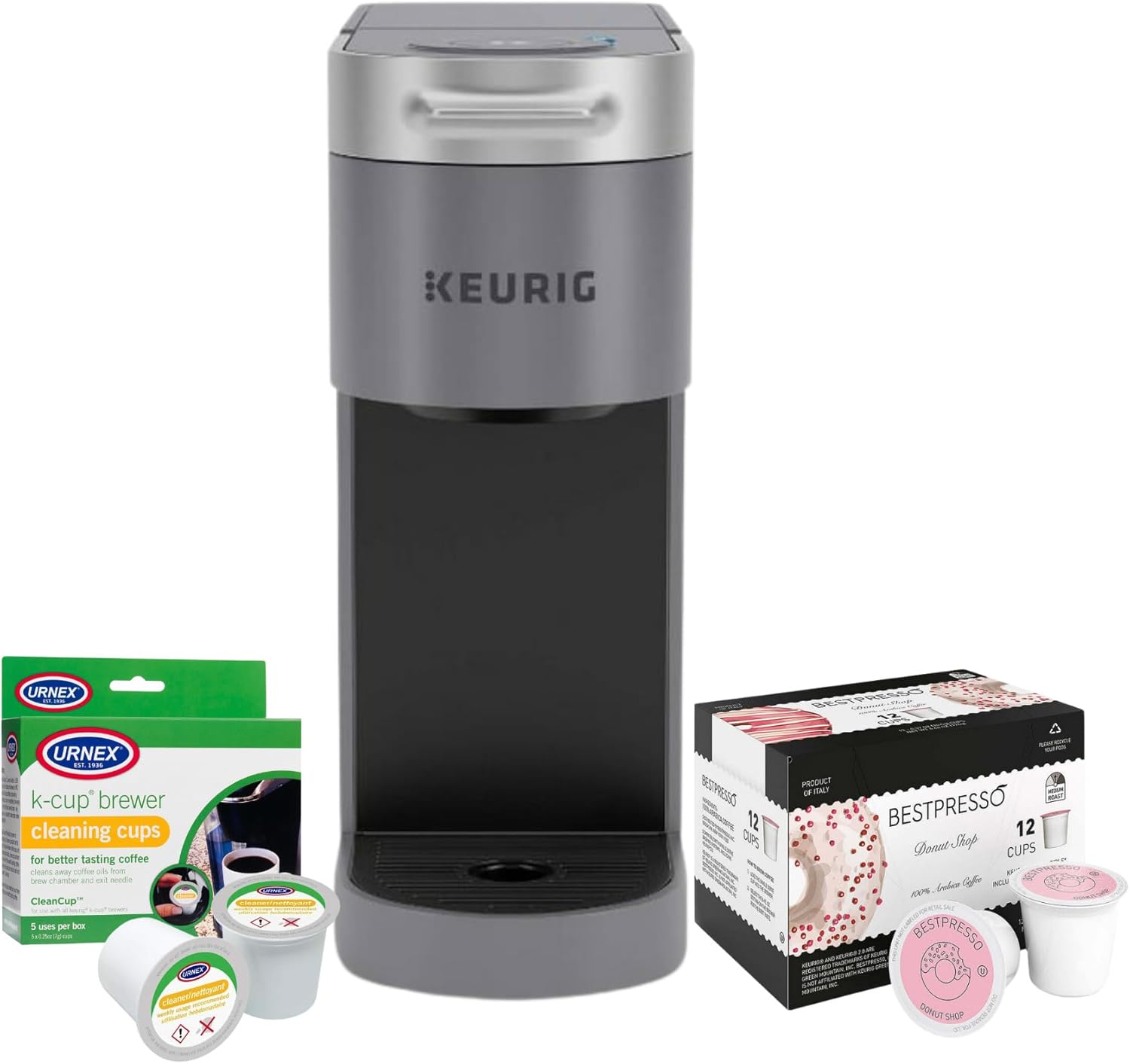 Keurig K-Slim Plus ICED Single Serve Brew Over Ice Multiple-Cup Water Reservoir Coffee Maker (Gray) Bundle with 12-Count Donut Shop Medium Roast Single Serve K-Cup and Cleaning Cups (3 Items)
