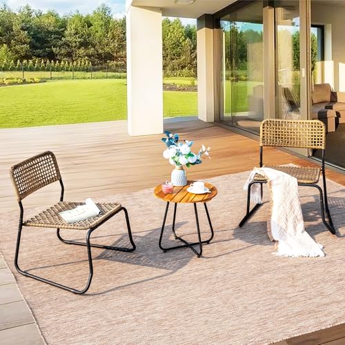 PHI VILLA 3 Pieces Outdoor Wicker Bistro Set for 2, Stackable Rattan Chairs & Acacia Wood Round End Table, Small Teak Conversation Furniture Set for Patio, Deck, Yard, Porch, Balcony