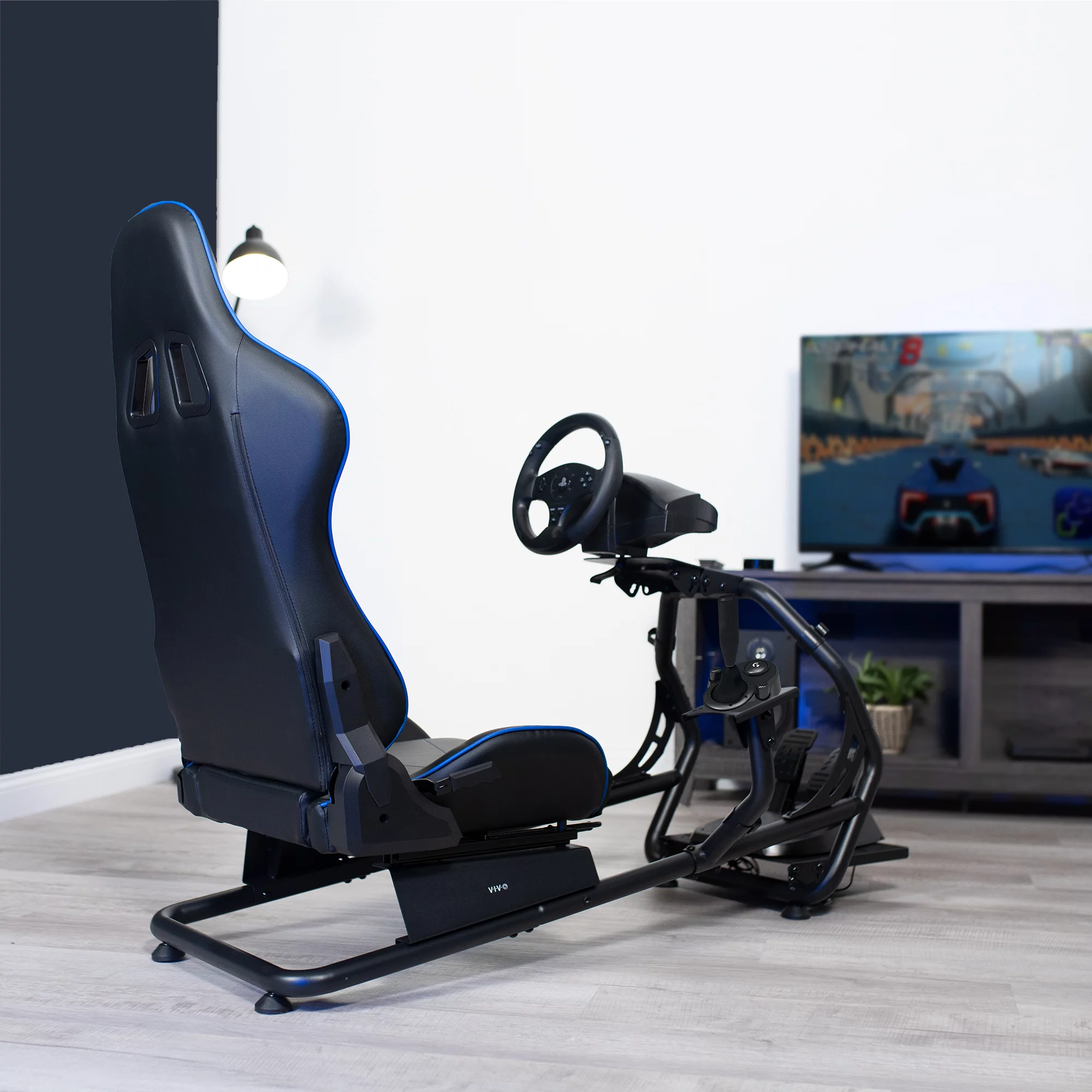 VIVO Black + Blue Racing Simulator Cockpit with Wheel Stand and Reclining Seat