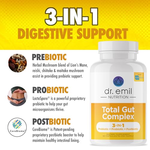 DR. EMIL NUTRITION Total Gut Health Complex - Prebiotic + Probiotic + Postbiotic Gut Health Supplements for Women and Men - Probiotics for Digestive Health & Gut Health, 60 Capsules