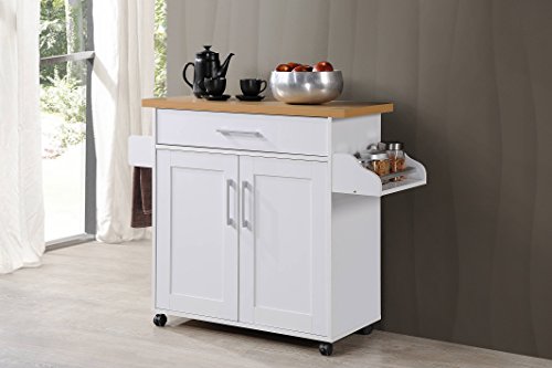 Hodedah Rolling Wood Kitchen Island Cart with Spice Rack, Towel Rack, Utensil Drawer plus Cabinet, White with Beech Top