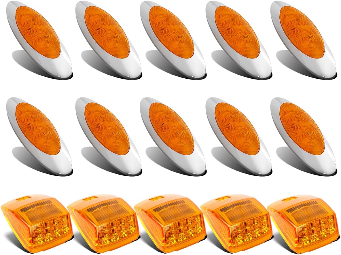 Partsam 10Pcs Amber Led Side Marker Lights Chrome Surface Mount with Bullet Plugs+5xSuper Bright Amber 17LED Cab Marker Roof Light Compatible with Peterbilt/Kenworth/Freightliner Led Marker Light