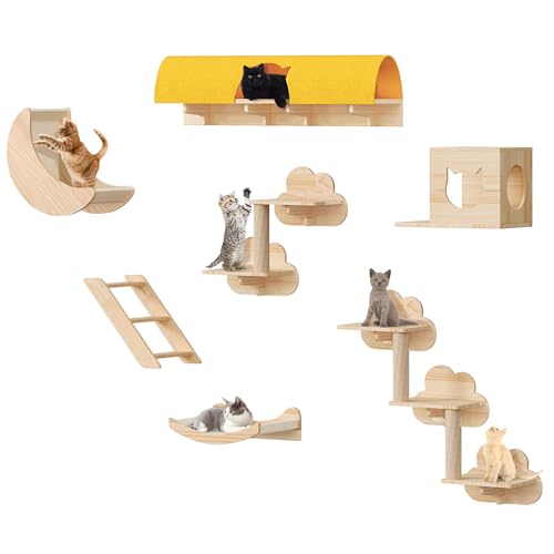 Cat Wall Shelves and Perches, Solid Wood Wall Mounted Cat Furniture, Set of 13 Cat Climbing Shelves with Moon Hammock, House, Wall Ladder, Scratching Post and Cat Tunnel