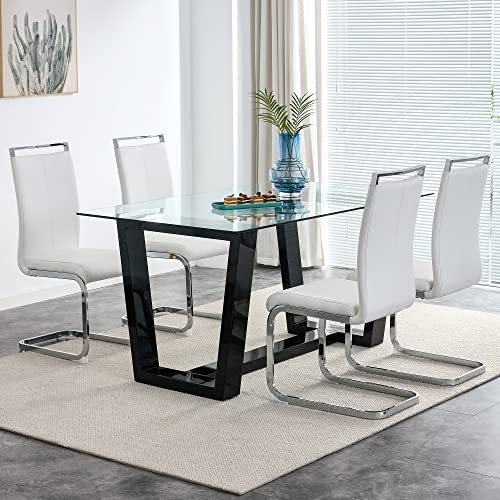 Glass Dining Table Set for 6, Modern Dining Room Table Set for 6, Kitchen Table Set for 6,Glass Dinner Table Set with Black Bracket Pedestal for Kitchen Dining Room
