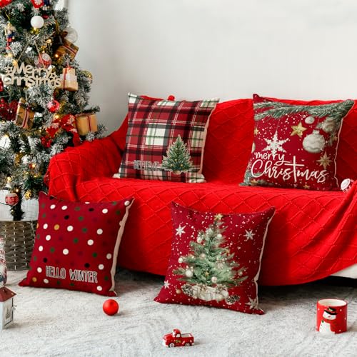 AVOIN colorlife Merry Christmas Trees Snowflake Star Throw Pillow Covers, 18 x 18 Inch Xmas Balls Red Polka Dot Plaid Seasonal Hello Winter Holiday Cushion Case Decoration for Sofa Couch Set of 4
