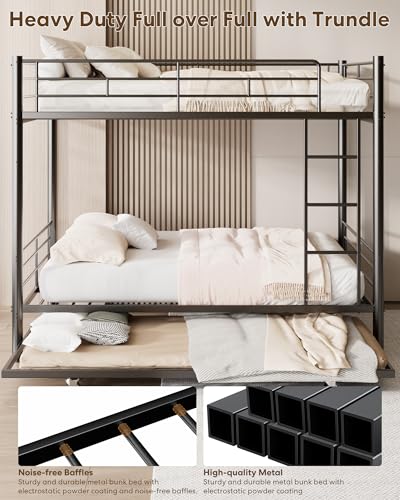 Full Over Full Bunk Bed with Trundle, Heavy Duty Metal Bed Frame with Full-Length Guardrails & Ladder, 3-in-1 Convertible Full Bunk Bed, Noise-Free, No Box Spring Needed, Black