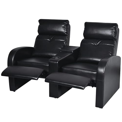 2-Seater Home Theater Recliner Sofa Black Faux Leather,Modern Reclining Armchair with Builtin Cup Holder for Living Room and Office Living Room Armchairs, Recliners & Sleeper Chairs