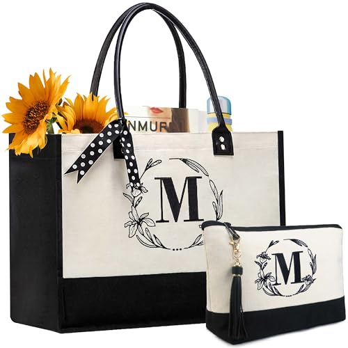 BeeGreen Mother's Day Gifts Personalized Women's Large White and Black Canvas Tote Bag, Embroidered Initials, Leather Handle, Zipper Closure