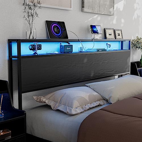 California King Size Storage Headboard with Charging Station - 2 Outlets & 2 USB Ports（1 Type C - LED Lights Storage Shelf Headboard, Industrial Cal King Headboard Only, Attach Frame - Black