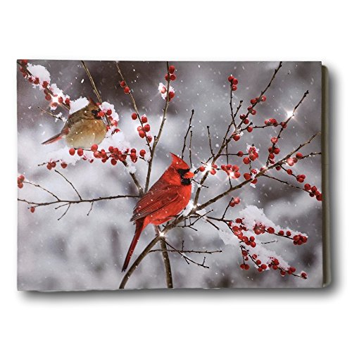 BANBERRY DESIGNS LED Cardinals Canvas Print Lighted Picture with Cardinal Couple and Holiday Berries