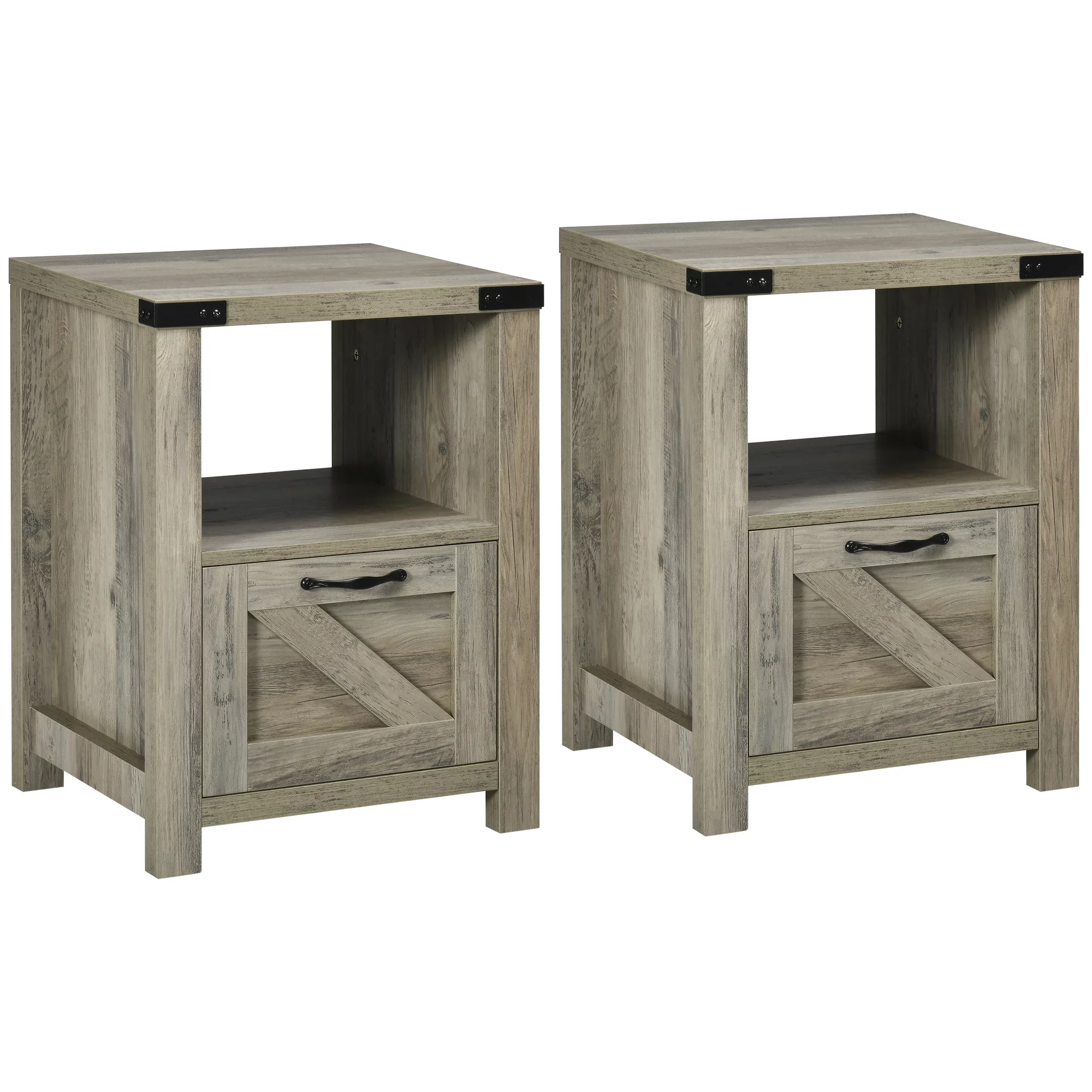 HOMCOM Farmhouse Side Table with Storage for Living Room Set of 2 Gray Oak
