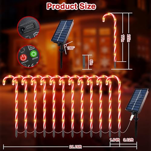 COOLWUFAN 24 Pack Solar Christmas Candy Cane Lights Outdoor Decorations, Christmas Pathway Lights with 168 Warm Lights, Waterproof Xmas Decor Marker Lights for Yard, Garden, Walkway, Lawn