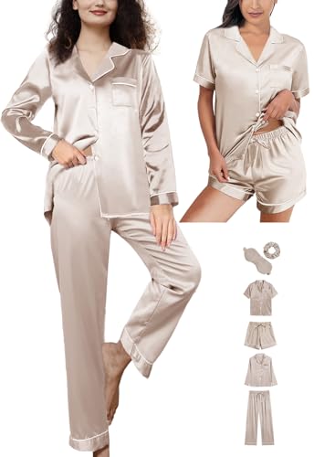 6Pcs Womens Silk Satin Pajamas Set XS-XXL Pajama Sets Pjs Set Button Down Pj Sets Sleepwear Loungewear