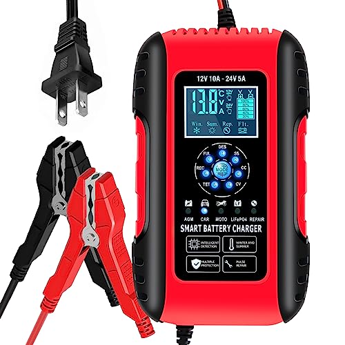 E-FAST Battery Charger, 10A Lifepo4 Lead Acid Car Battery Charger, Upgraded Automobile Trickle Charger 12/24V, All in 1 Battery Maintainer, for Truck Motorcycle AGM Lawn Mower Boat Marine Batteries