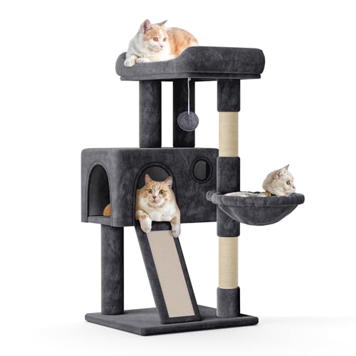 MoNiBloom Cat Tree, 36 Inch Cat Tree Tower with Cat Condo, Small Cat Tower with Scratching Post & Sisal-Covered Scratching Board, Cat Climbing Tower with Hammock, Cat Tree for Indoor Cats, Soft Pink