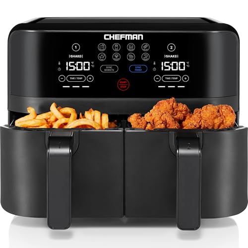 Chefman 6 Quart Dual Basket Air Fryer - Digital Touchscreen, Smart Sync Finish, Hi-Fry, Auto Shutoff, 2 Independent 3QT Nonstick Dishwasher-Safe Frying Baskets - Digital Double Air Fryer - Black