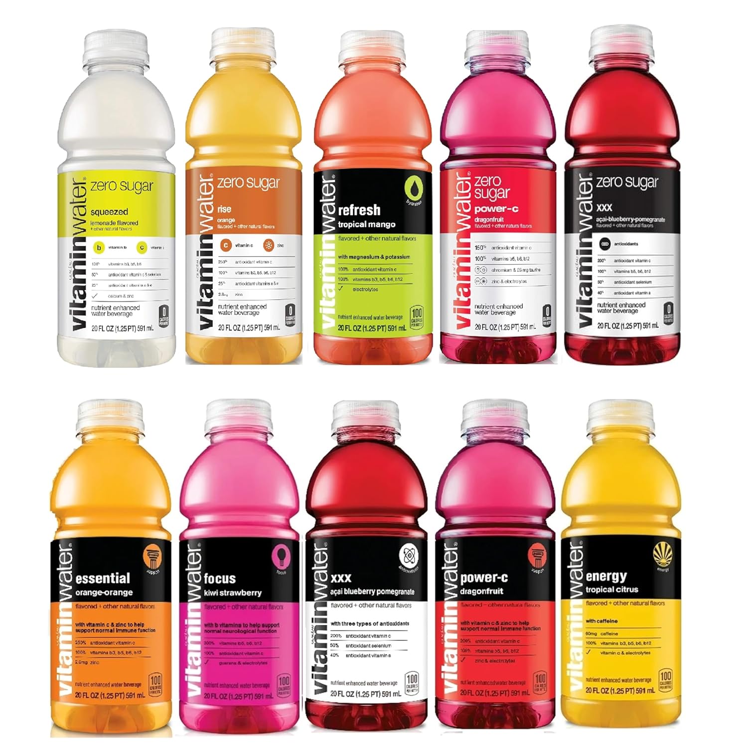 Vitaminwater Flavored Water | Variety Pack - 20 Fl Oz Bottles, Nutrient Enhanced Water w/ Vitamins, Antioxidants, Electrolytes (Rise, Energy, Focus, XXX (Zero Sugar), Squeezed, Essential, Power-C (Zero Sugar), Refresh | Pack of 10