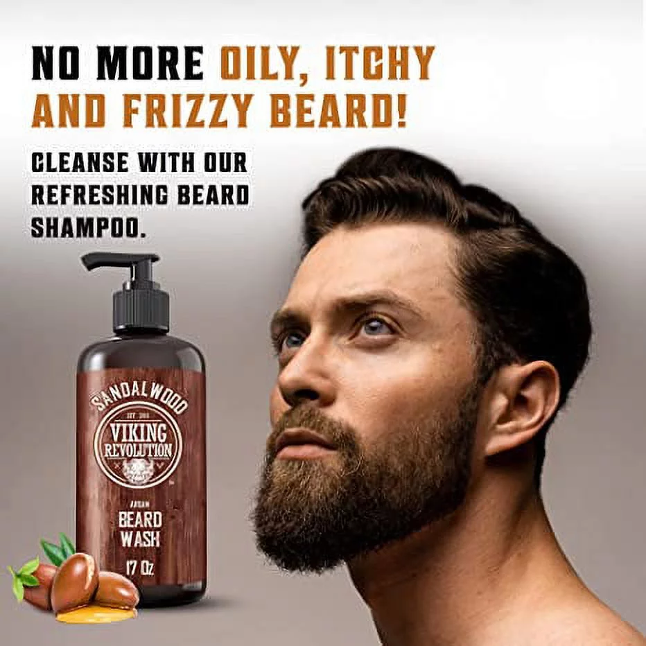 Viking Revolution - Beard Wash & Beard Conditioner - Beard Shampoo & Beard Oil - Sandalwood, 34 Oz