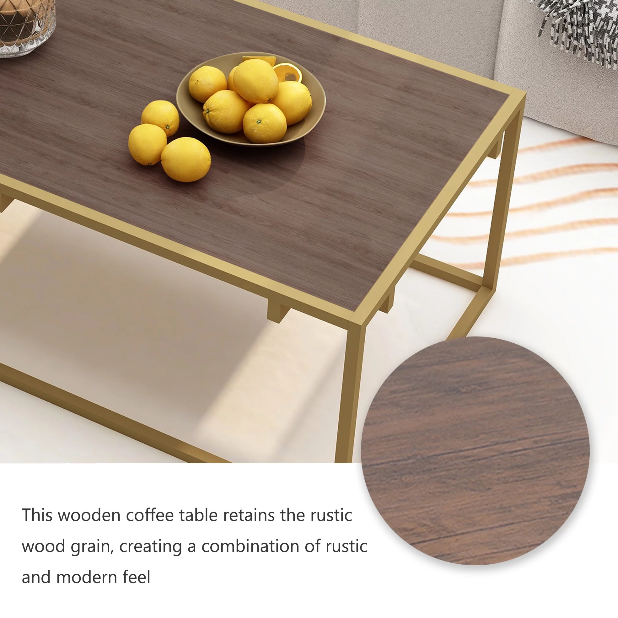 Alazyhome Modern Industrial Style Rectangular Wood Grain Top Coffee Table with Gold Metal Box Frame