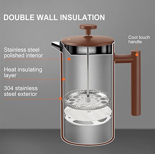 Secura French Press Coffee Maker, 304 Grade Stainless Steel Insulated Coffee Press with 2 Extra Screens, 34oz (1 Litre), Silver