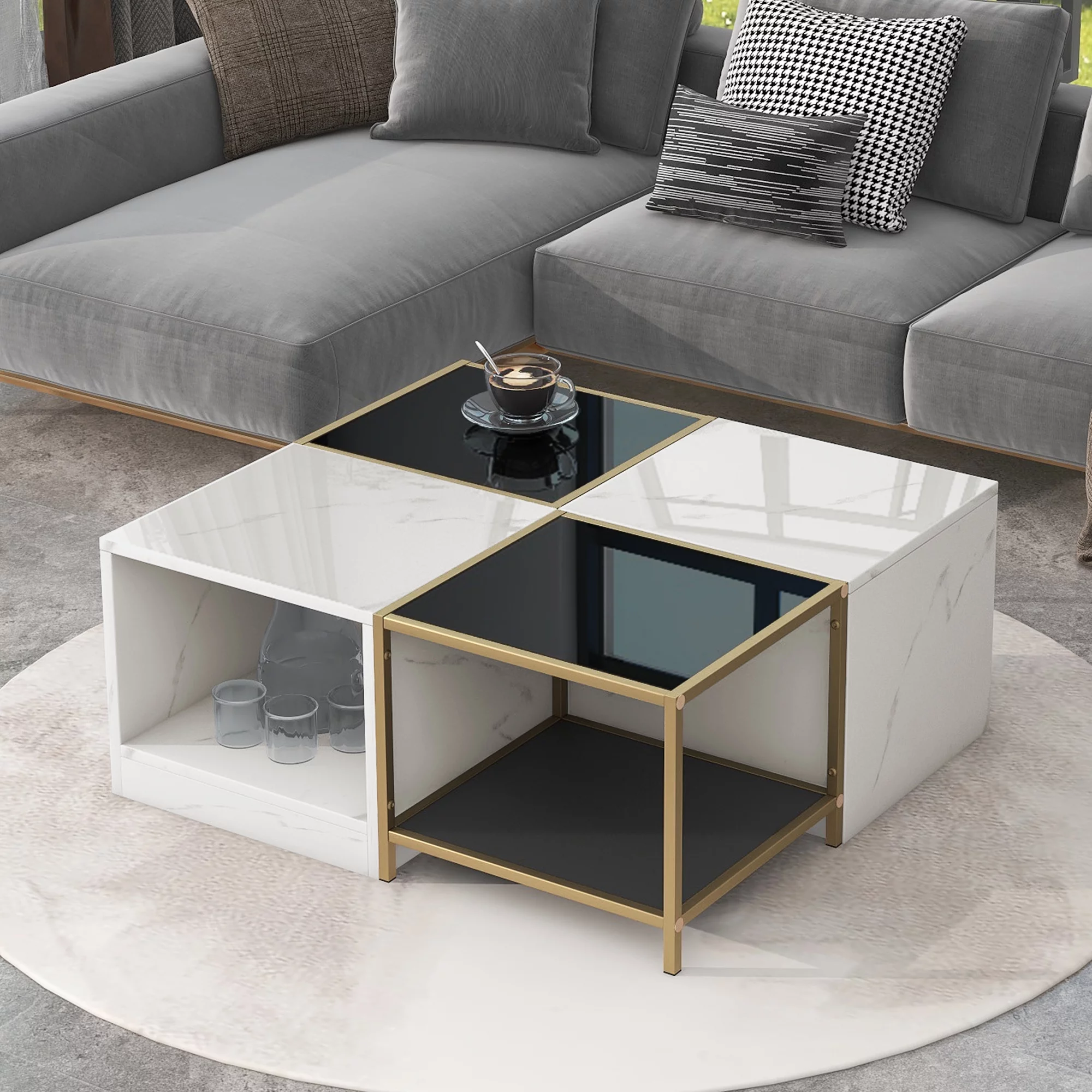 2-layer Modern Coffee Table with Metal Frame, Cocktail Table with High Gloss White Marble Finish, Simply Assemble Square Corner Tables for Living Room, 31.5”x 31.5”