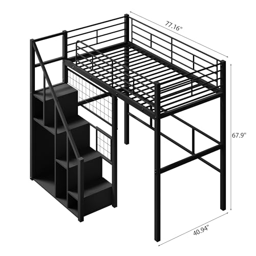 Bellemave Full Size Metal Loft Bed with L Shaped Desk and Wardrobe, Heavy Duty Loft Bed Frame with Storage Stairs, LED Loft Bed Frame with Charging Station & Safety Guard, Space Saving Loft Bed, Black
