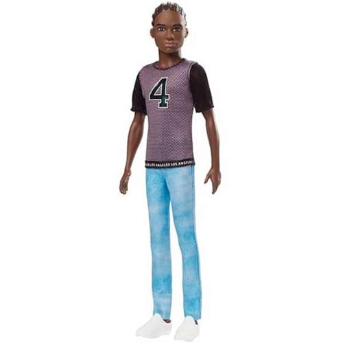 Barbie Ken Fashionistas Doll #130 with Sculpted Brunette Hair Wearing a Number 4 T-Shirt, Denim Pants & Shoes, Toy for Kids 3 to 8 Years Old
