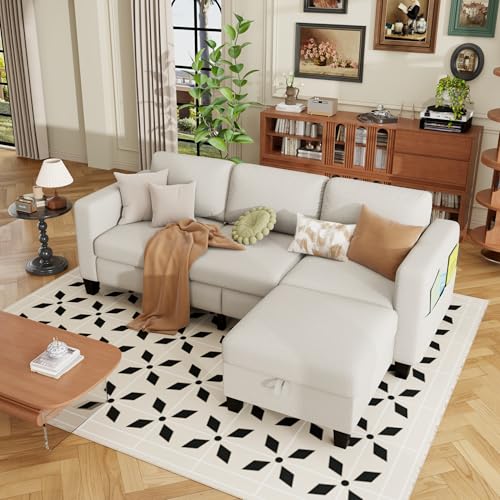 Sectional and Sofa Couches for Living Room - 78'' 3 Seater L-Shaped Modular Couch with Storage Ottoman - Modern Linen Fabric Upholstered Sofa Set for Small Space Apartment Office Bedroom