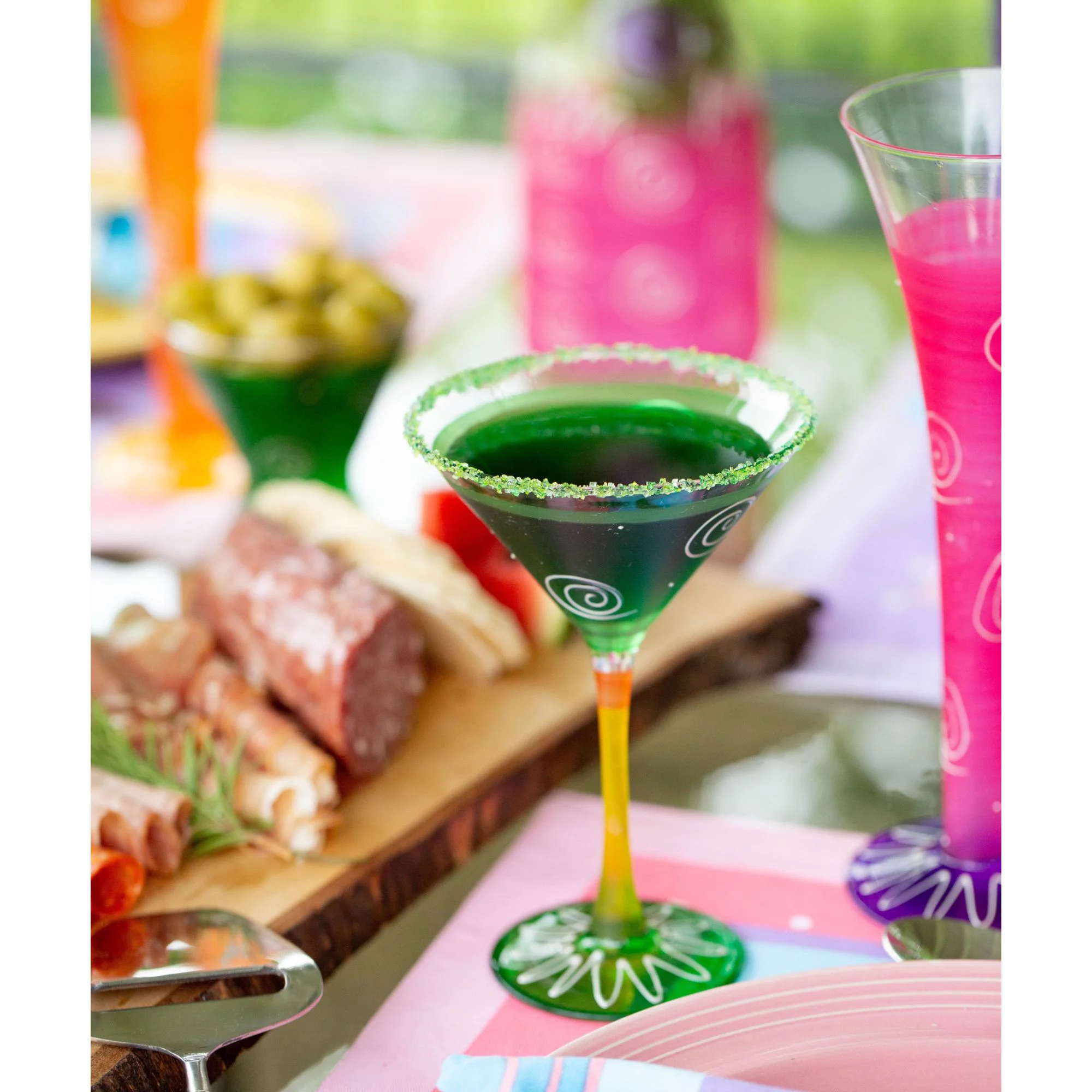 Golden Hill Studio Set of 2 Green and White Contemporary Hand Painted Wine Glasses 7.5 oz.