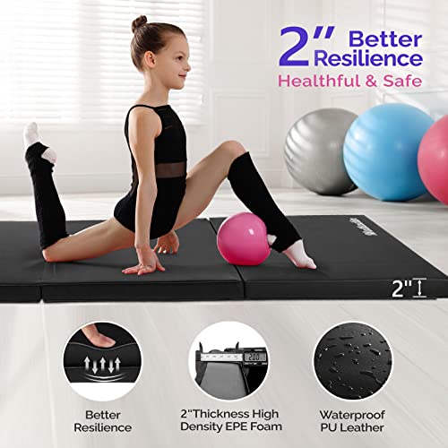 6' Folding Tri-fold Gymnastics Gym Exercise Aerobics Mat, 6ft x 2ft x 2in PU Leather Tumbling Mats with Hook & Loop Fastener for Stretching Yoga Cheerleading Martial Arts
