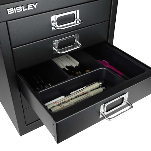 Bisley 10-Drawer Steel MultiDrawer Cabinet - Black, Chrome Pull Handles with Label Holders, Powder-Coated Steel, Removable Drawers, Fits Under Most Desks, Labels Included
