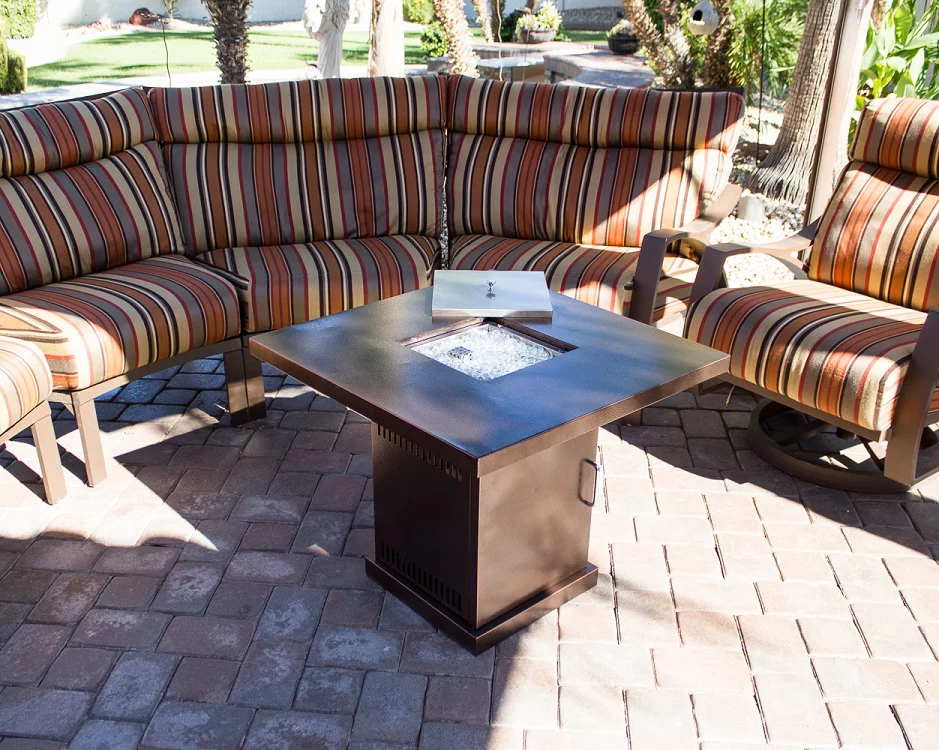 Hiland GSF-PR-PC Propane Fire Pit, 42,000 BTU, Stainless Steel Lid w/Fire Glass, Square, Hammered Bronze