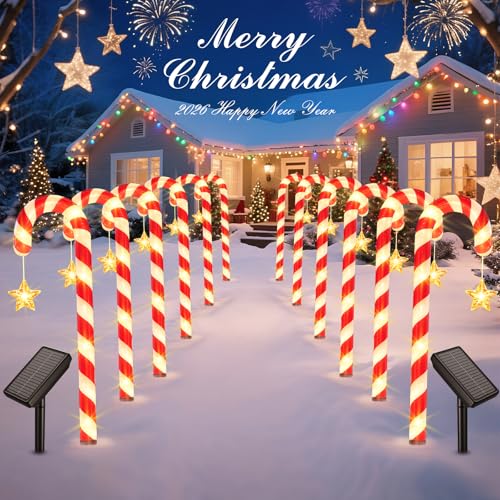 Solar Christmas Lights Outdoor Waterproof: 24-Pack Solar Candy Cane Christmas Decorations Outdoor Pathway Lights with Stakes 10 Modes, 144 LED Xmas Decorations for Yard Garden Holiday Decor
